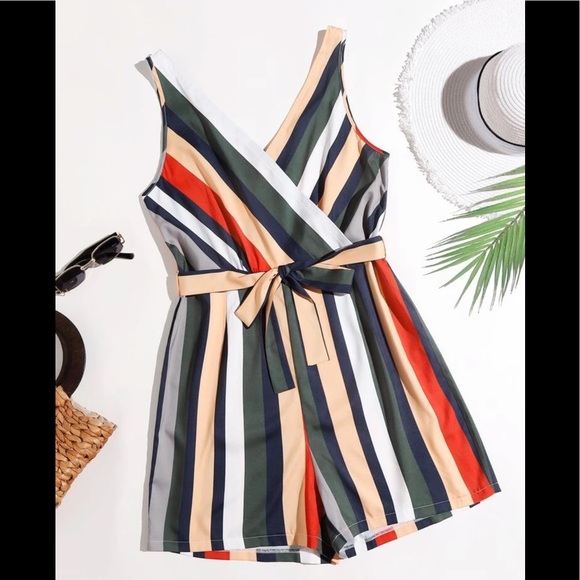 SHEIN Plus Striped Self Tie Tank Romper 4XL
